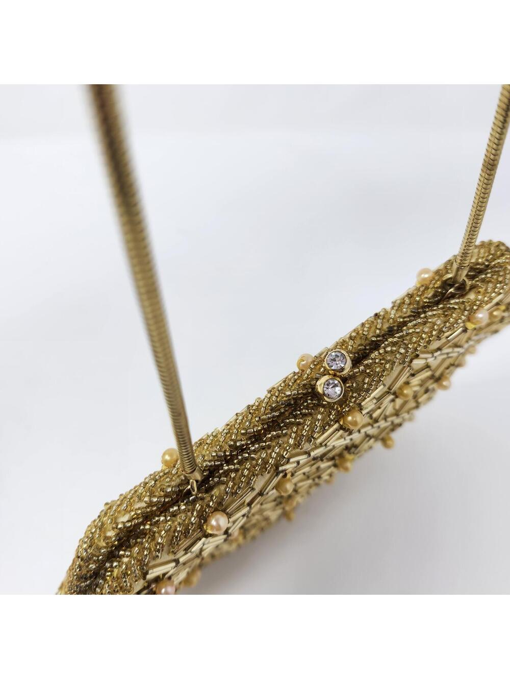 Vintage Beaded Evening Clutch Gold Hong Kong Purse Kisslock Chain 1960s - Picture 6 of 8